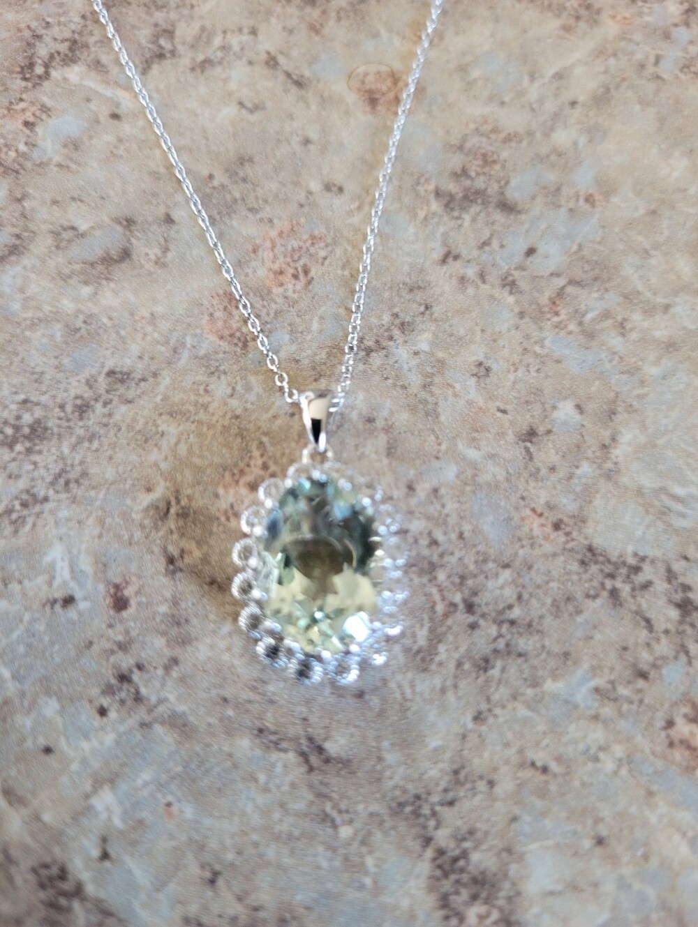 925 Sterling Silver Pale Green Oval Pendant Necklace With CZs